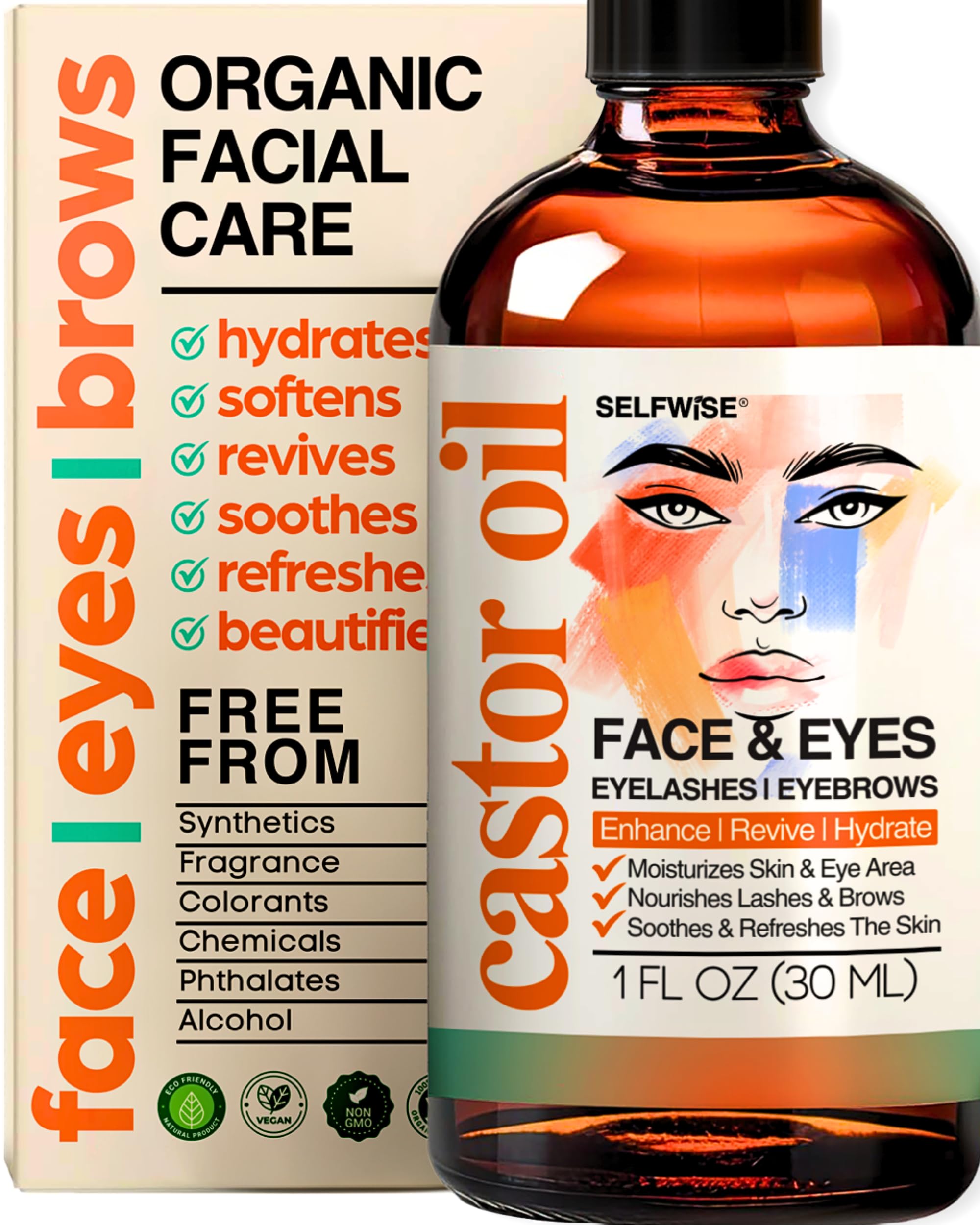 SELFWISE Organic Castor Oil Face Moisturizer — multi-use oil for eyelashes, eyebrows, and sensitive skin