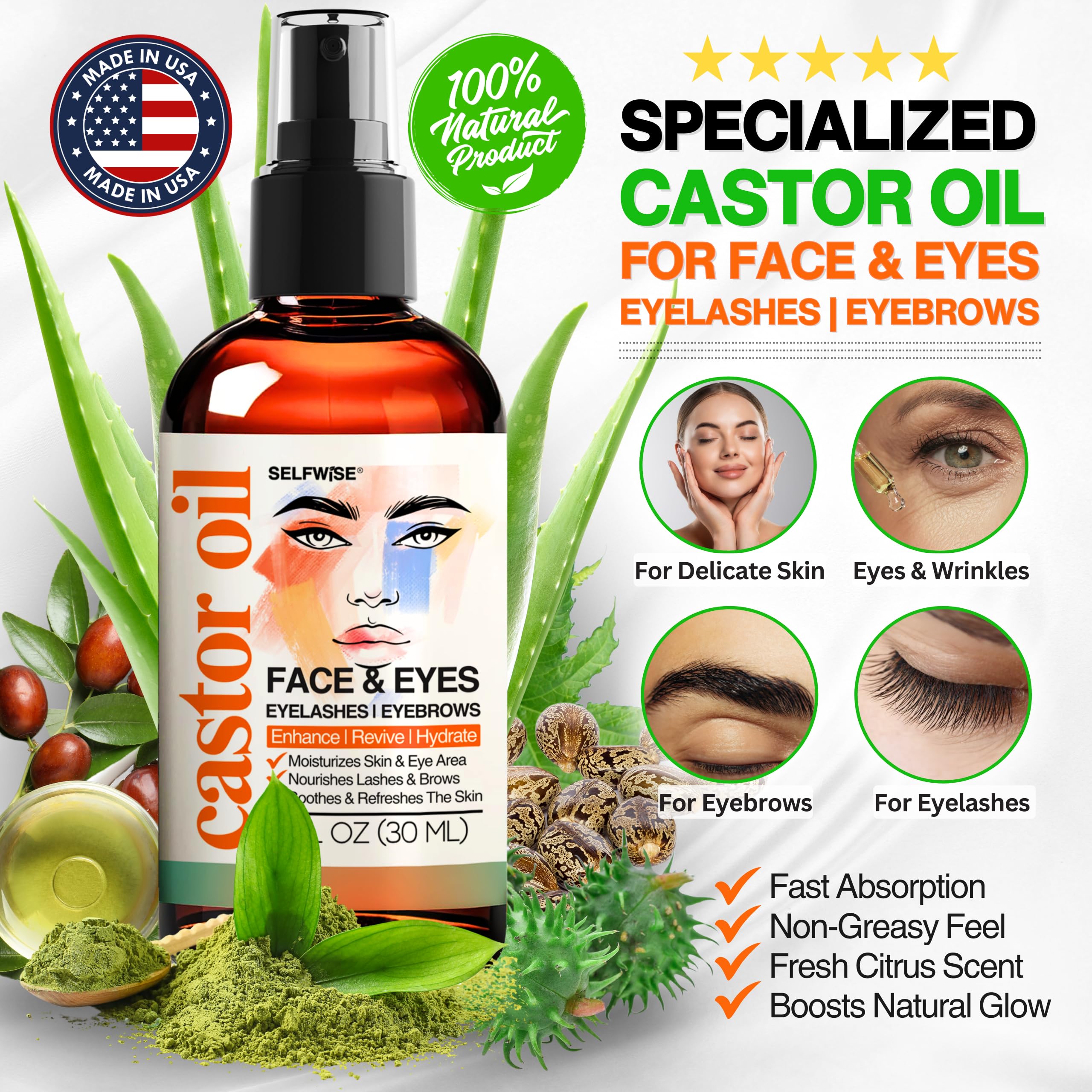 Organic castor oil facial oil — for dry skin, brows, lashes, and fine lines