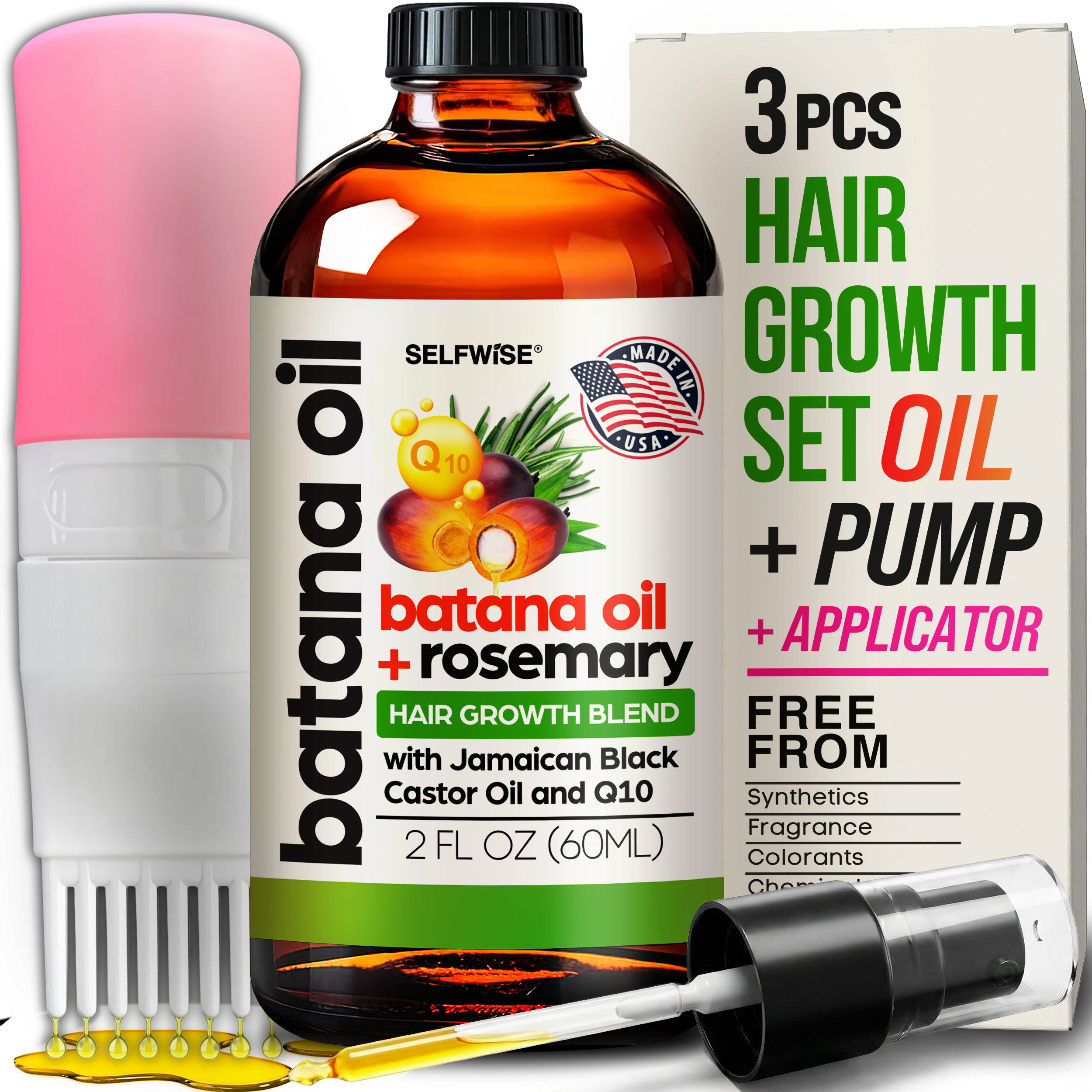 SELFWISE Batana Hair Growth Oil with comb applicator — lightweight scalp oil for stronger hair