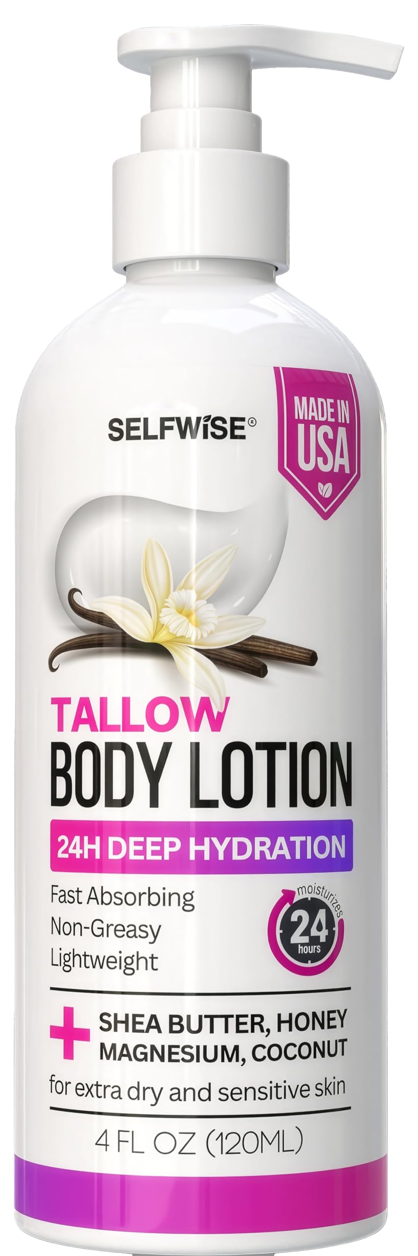 SELFWISE Beef Tallow Body Lotion with Magnesium — grass-fed tallow moisturizer for dry sensitive skin