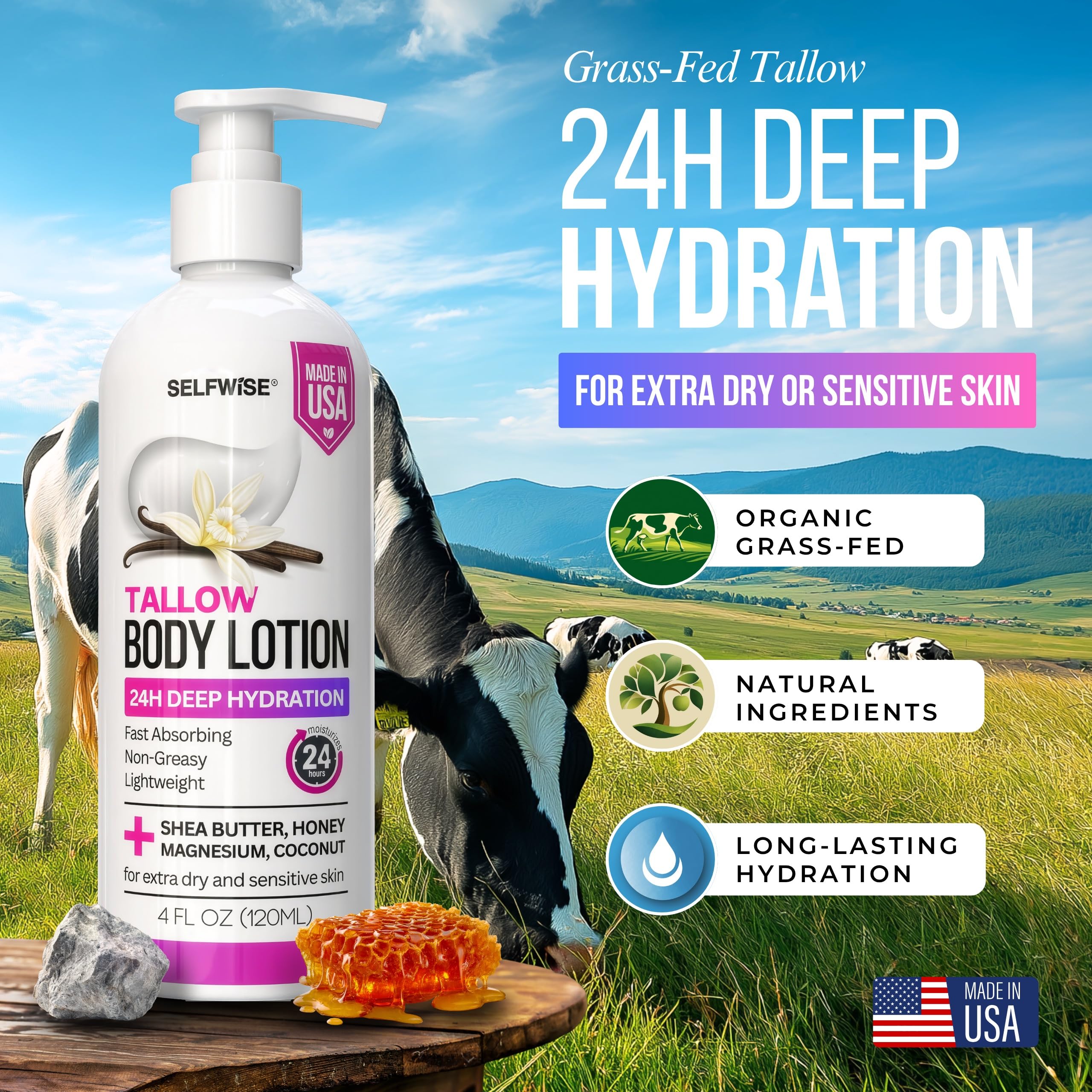 Tallow body lotion with shea butter and avocado oil — fast-absorbing daily moisturizer