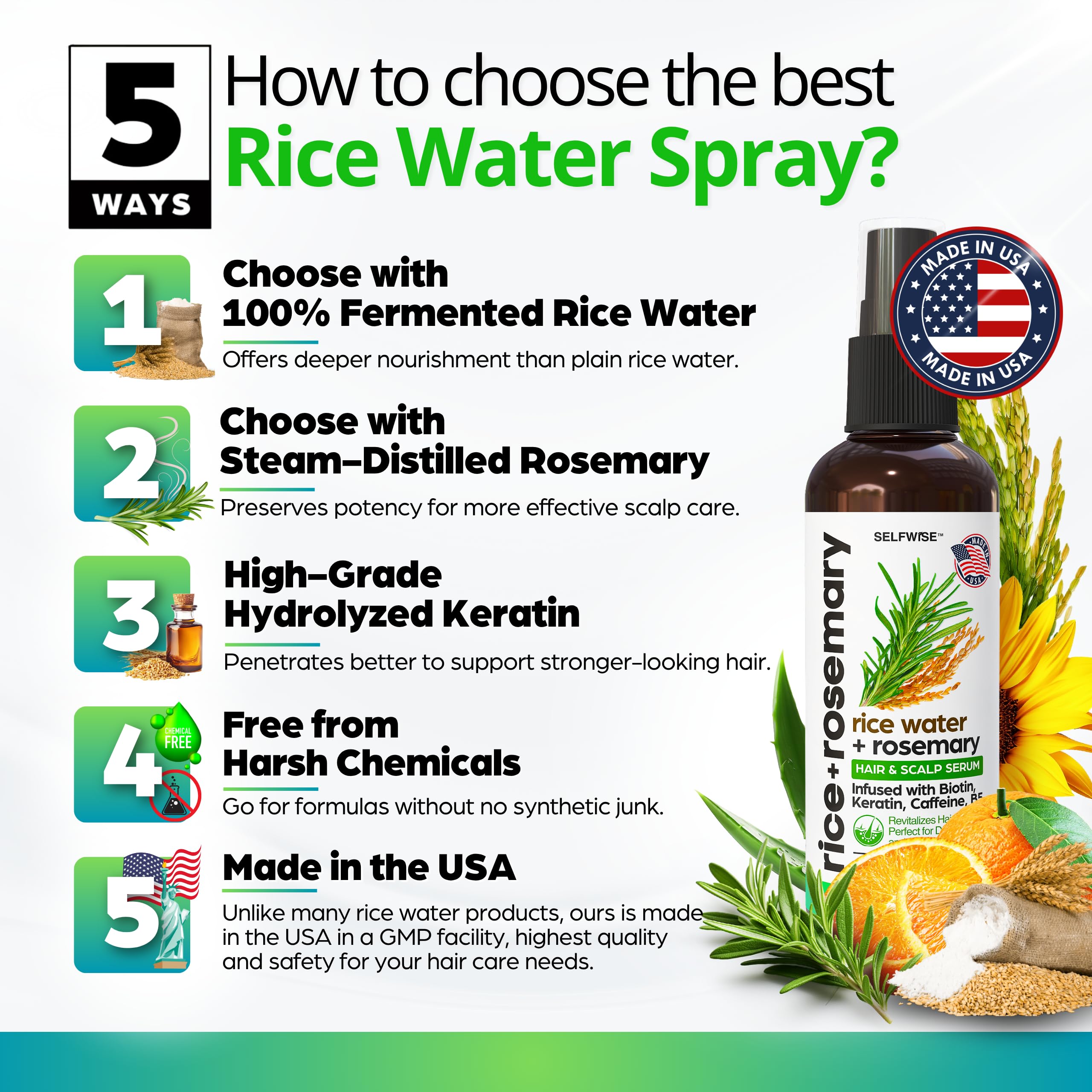 Rice water rosemary hair spray — lightweight daily hair growth treatment for all hair types