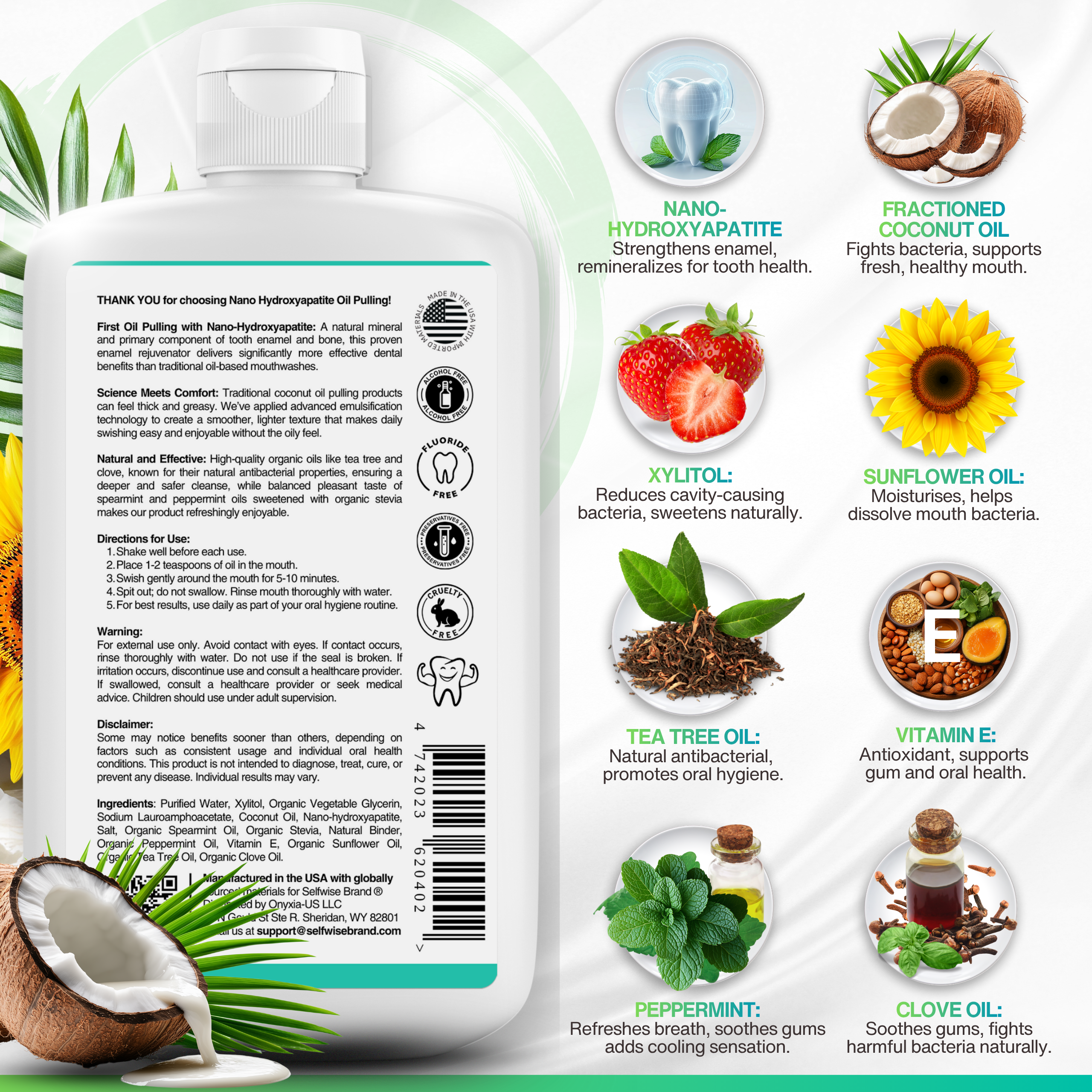 Oil Pulling Mouthwash ingredients — peppermint, spearmint, coconut oil, nano hydroxyapatite
