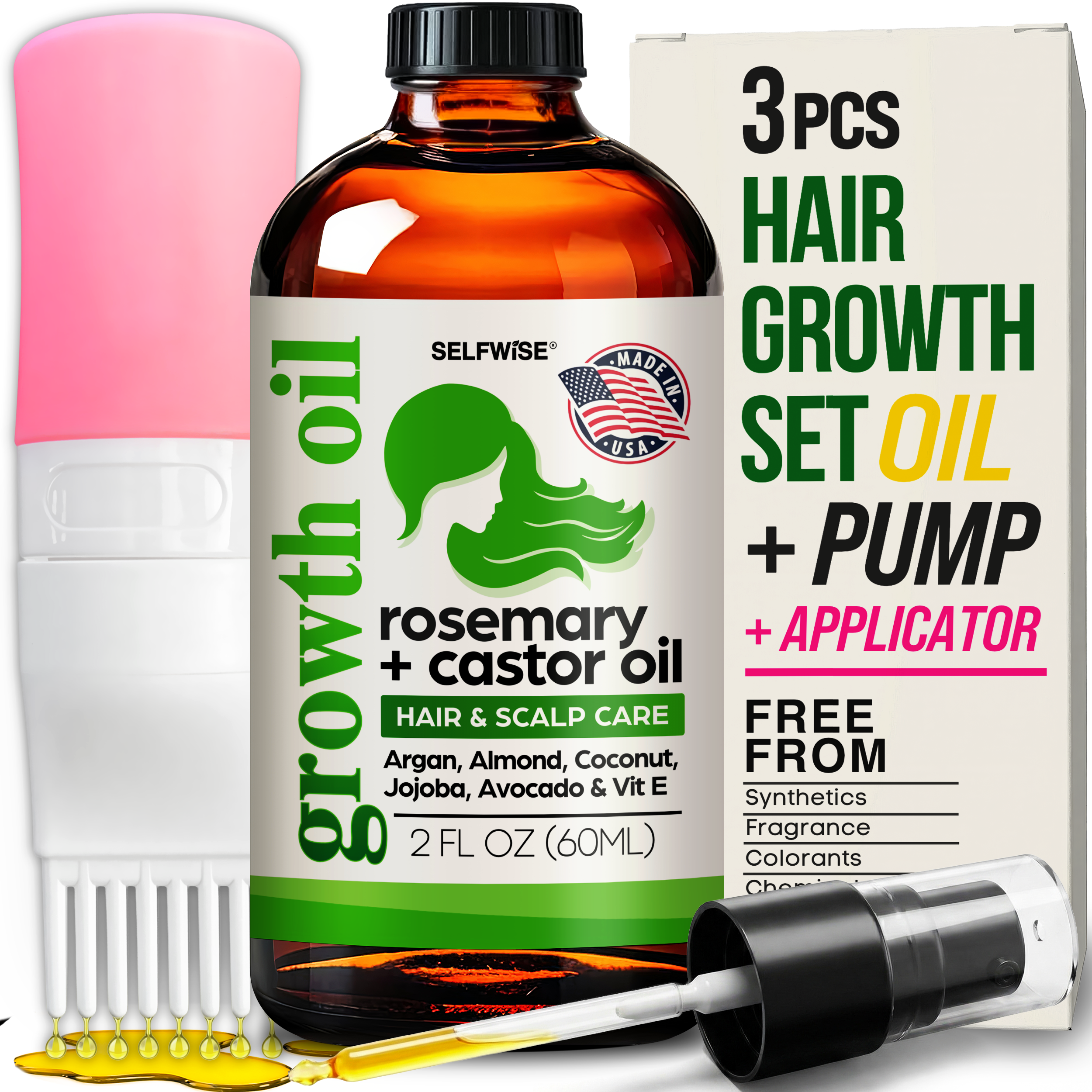 SELFWISE Rosemary Hair Growth Oil 2oz bottle — castor oil, argan oil, jojoba blend for all hair types