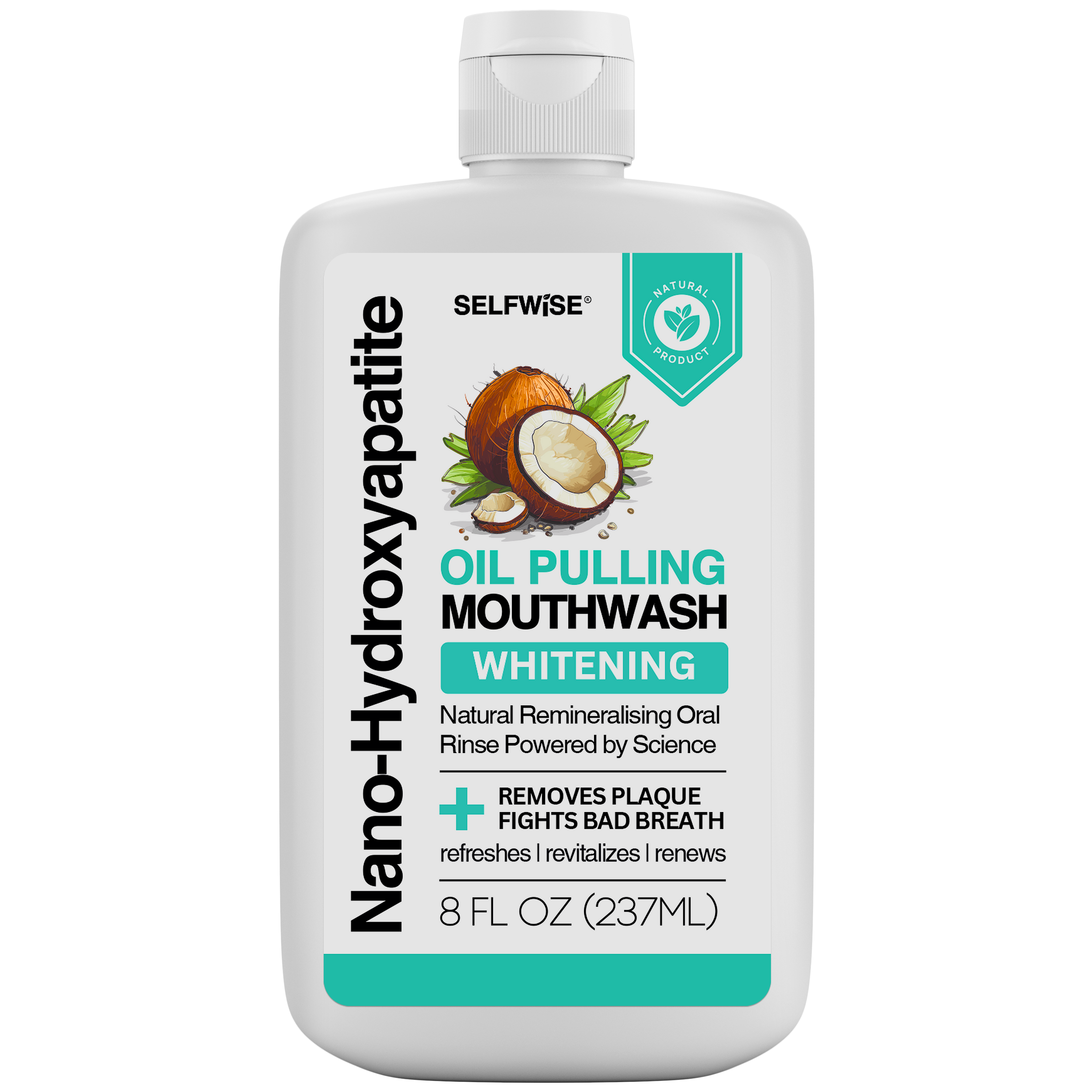 Nano Hydroxyapatite Oil Pulling Mouthwash bottle — alcohol-free, fluoride-free natural oral rinse by SELFWISE
